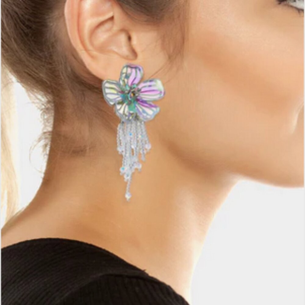 Betsey Johnson Garden Glam Flower Fringe Drop Earrings Crystal NWT